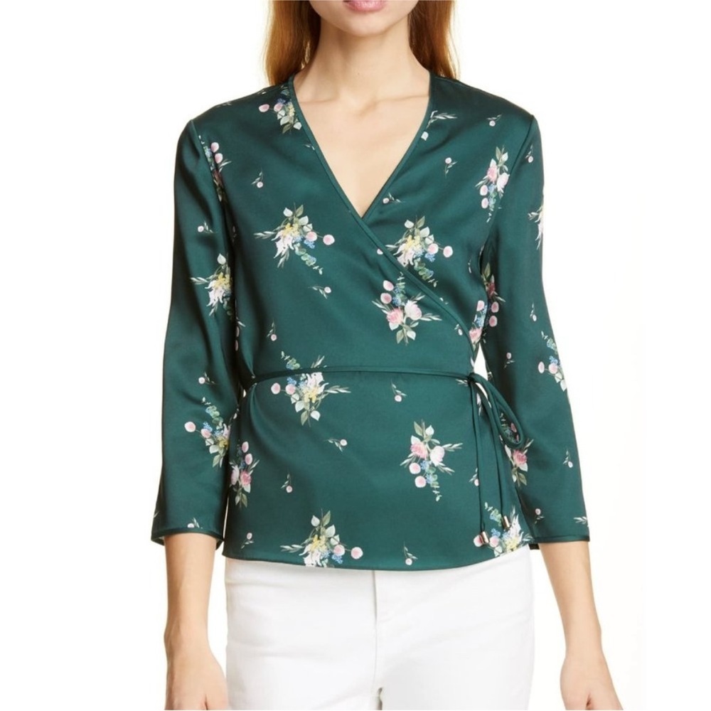 Ted Baker London Satin Aleexx Flourish Dark Green Floral Top sz 2/4